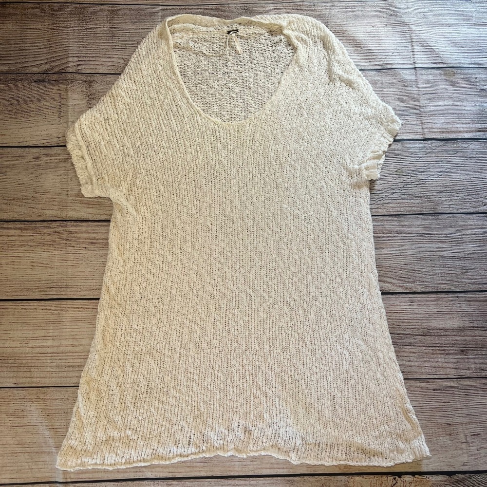 Free People Cream Open-Knit Short Sleeve Tunic